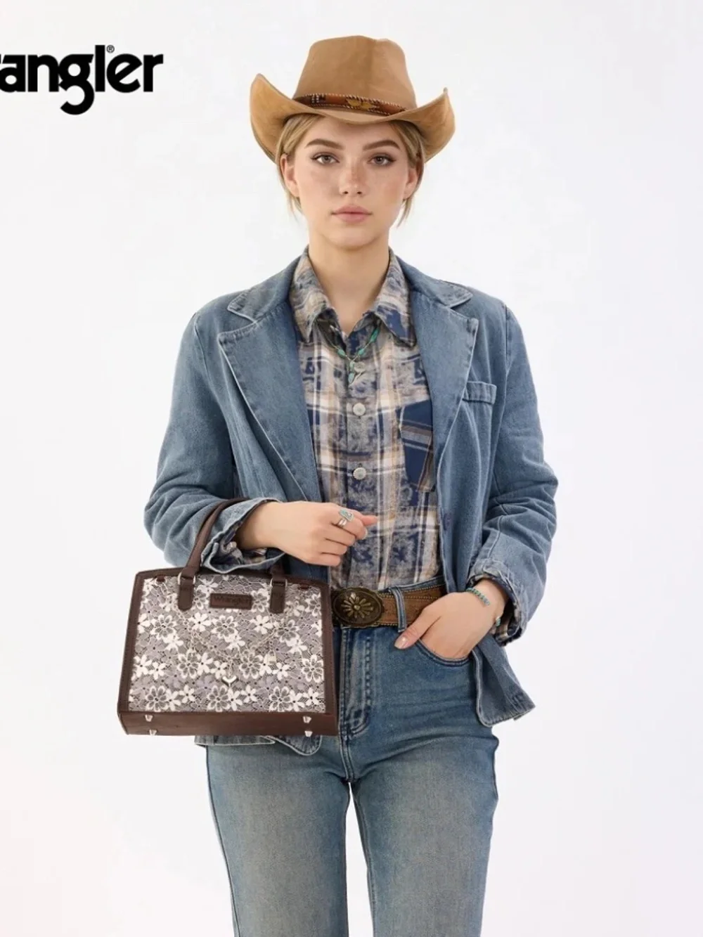 Wrangler Western Chic Lace with Chain Charm Satchel/Crossbody Bag Coffee